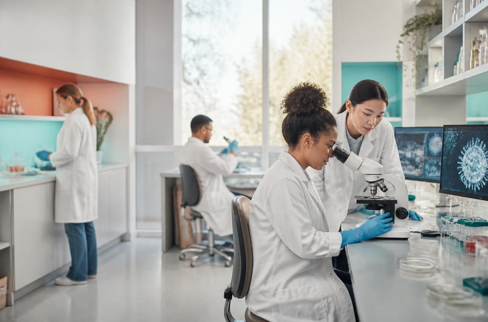 Virology researchers working together in a bright laboratory